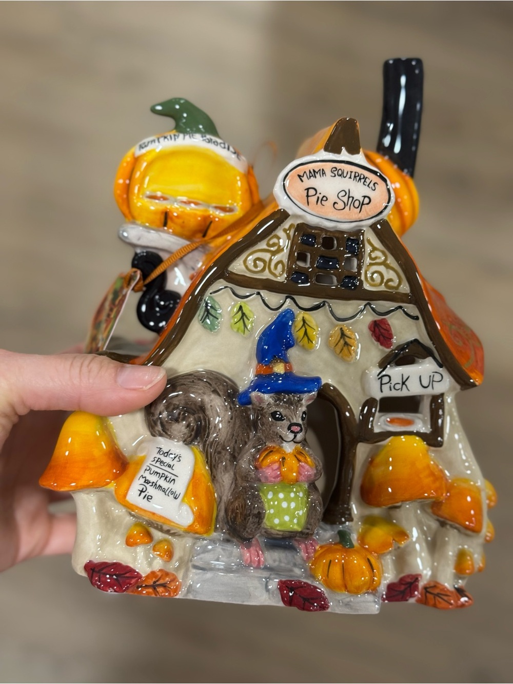 Blue Sky Ceramic Pumpkin Pie Shop Squirrel House - Orange Brown Blue